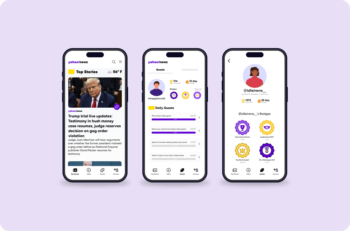 Three Yahoo News app screens: top stories, daily quests, and a profile with badges